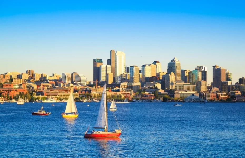 Sailboats on Lake Union with Seattle skyline in the background