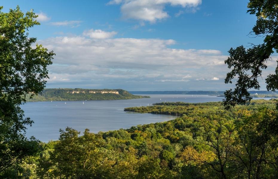 A scenic view of Lake Pepin on the Mississippi River in early autumn