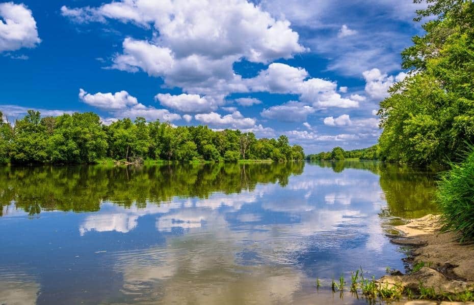 Clouds reflect on the scenic Fox River in Illinois