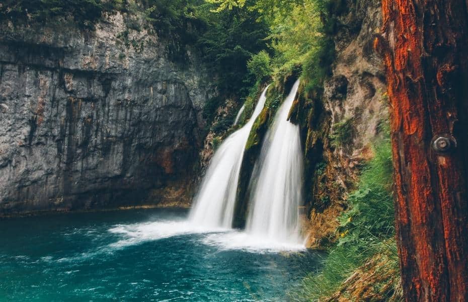 Last waterfall on Plitvice Lakes in Croatia. Start of the river Korana.