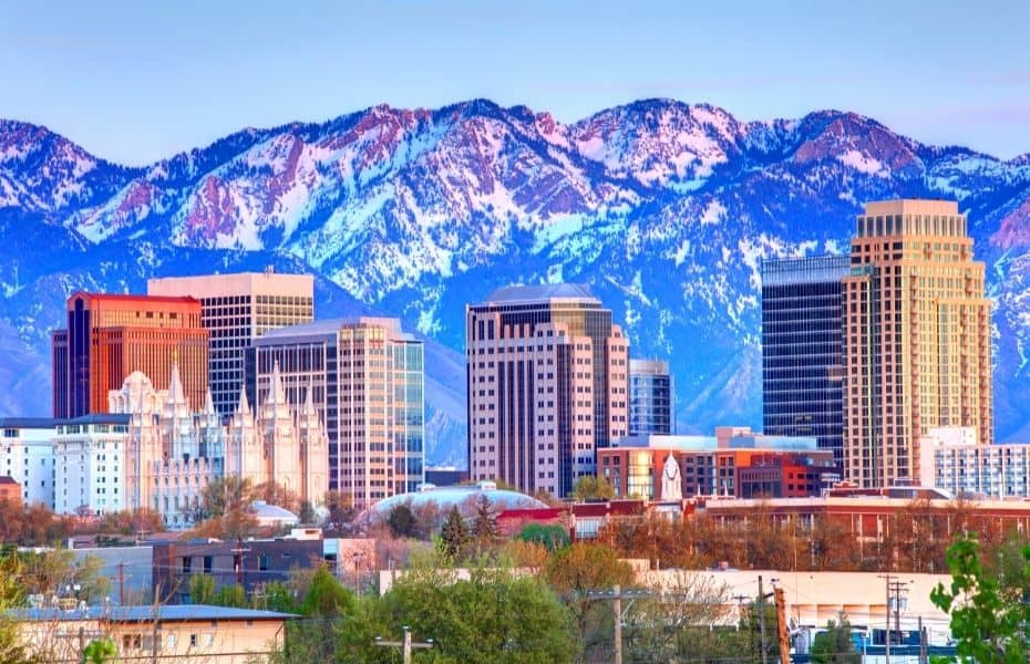 Mountain serve as a beautiful backdrop for the skyline of Salt Lake City, Utah